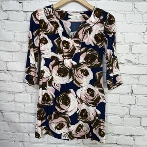 Boden Tunic Dress Womens Abstract Roses Size 2P Artsy Split Neckline‎ 3/4 Sleeve
